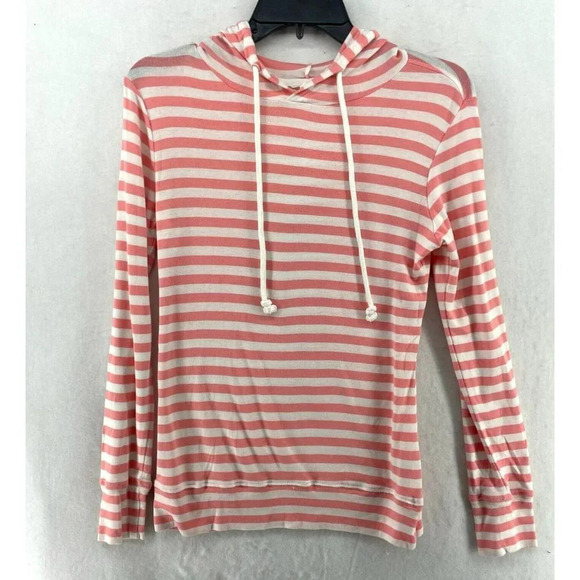 Caslon Hoodie Women Sm White Pink Flamingo Charm Striped Knit Drawstring Stretch - Picture 3 of 12